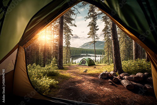 Tent and camping outdoors in the woods in the mountains, sunrise and sunset, nature camping, adventure travel. Generative AI