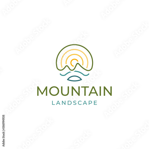 Mountain landscape, peak river creek logo line art vector illustration template