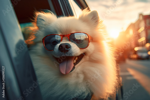 Lindo perrito pomerania blanco feliz con gafas de sol, con su cabeza al viento en un coche en marcha. Ilustración de IA Generativa © Helena GARCIA