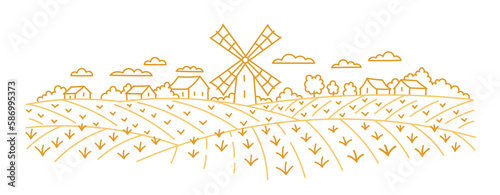 Landscape fields with a windmill. Village arable land. Seedling wheat shoots. Vector line. Editable outline stroke.
