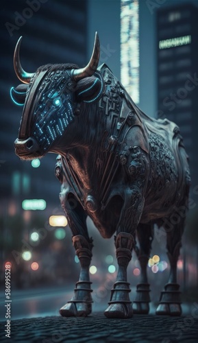 Cyberpunk, a mechanical bull cyborg made of metal and modern technologies against the backdrop of a night city. The bull from Wall Street is a symbol of the financial world. Created with AI.
