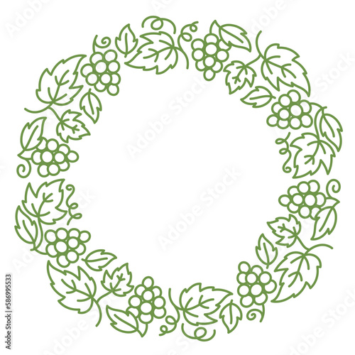 Grapevine circle frame floral ornament. Thick line pattern. Grape branches and leaves. Editable outline stroke. Vector line.