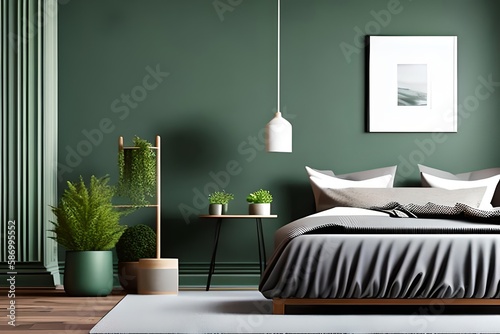 Bed Between Ladder and Plant in Green Boho Bedroom Interior with Grey Carpet under Lamps