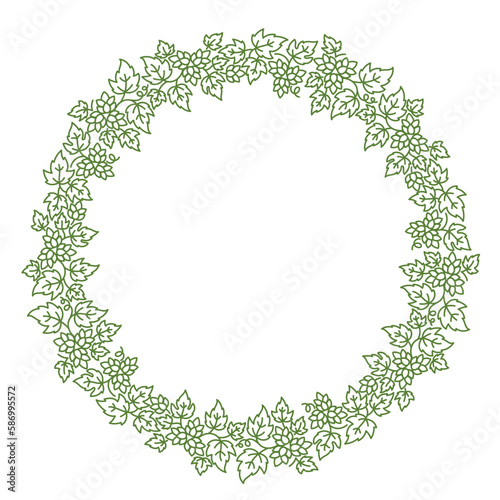 Humulus, hop circle frame floral ornament. Thick line pattern. Editable outline stroke. Vector line.
