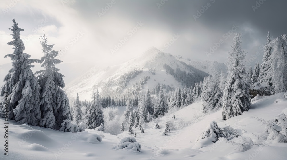 A Majestic Panoramic of Snowy Peaks and Serenity - A Winterly Fairy Tale Landscape. Generative AI