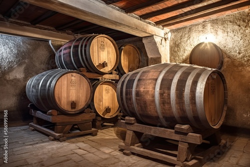Vintage Oak Barrels Storing Wine and Brandy in a Cellar: An Inside Look at Alcohol Storage. Generative AI