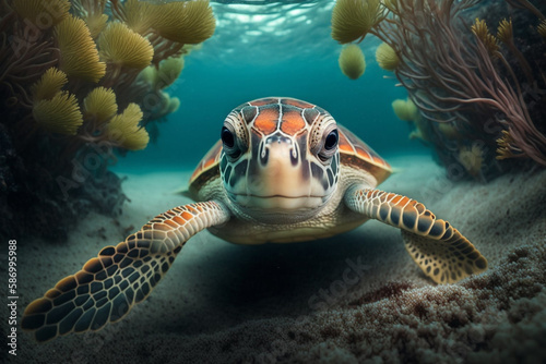 Baby Turtle Swimming in Colorful Coral Reef generative ai