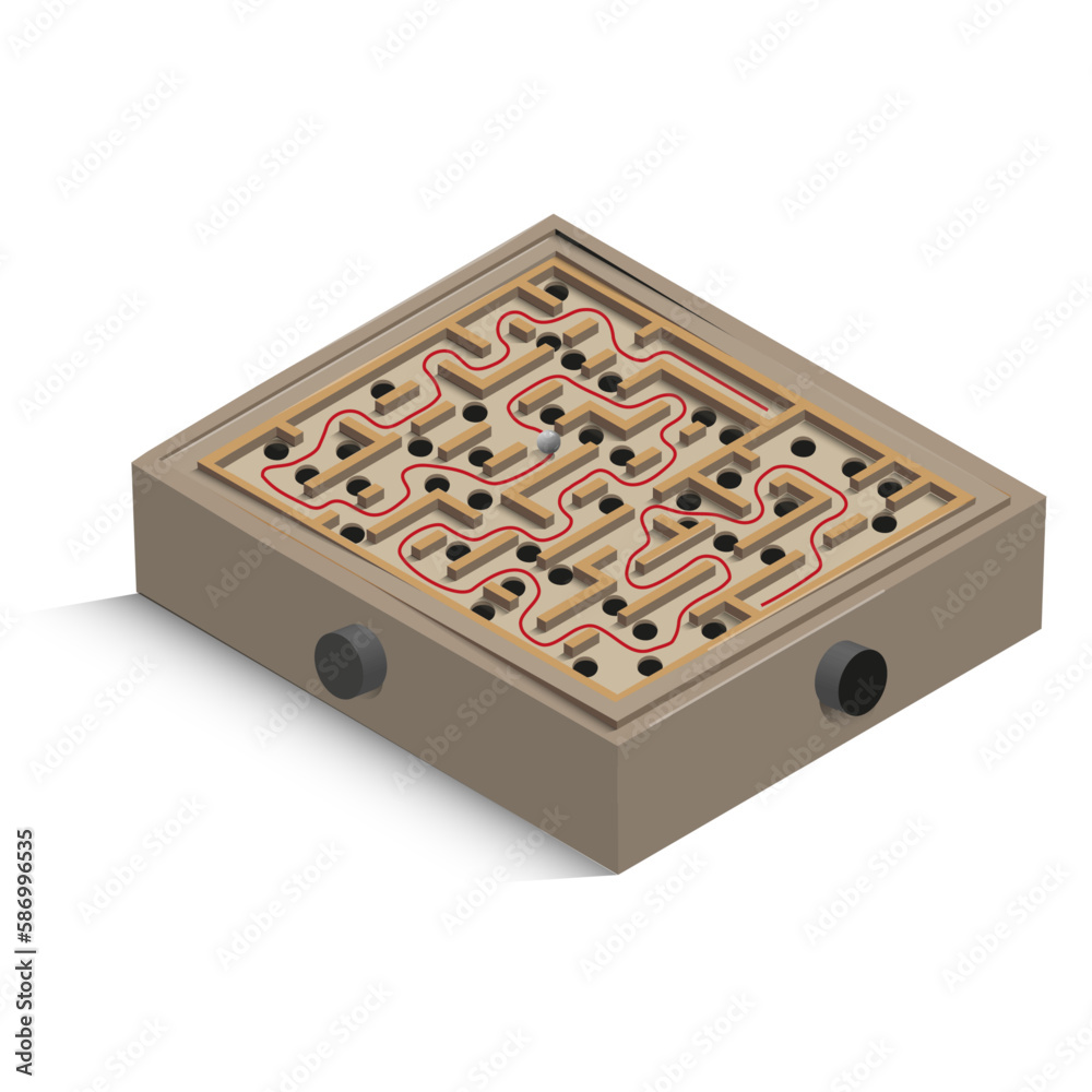 Classic Labyrinth wooden game. A ball is guided along the maze by tilting the game using 2 wheels on the sides of the box. Vector Illustration Classic Labyrinth wooden game. A ball is guided along the maze by tilting the game using 2 wheels on the sides of the box. Vector Illustration
