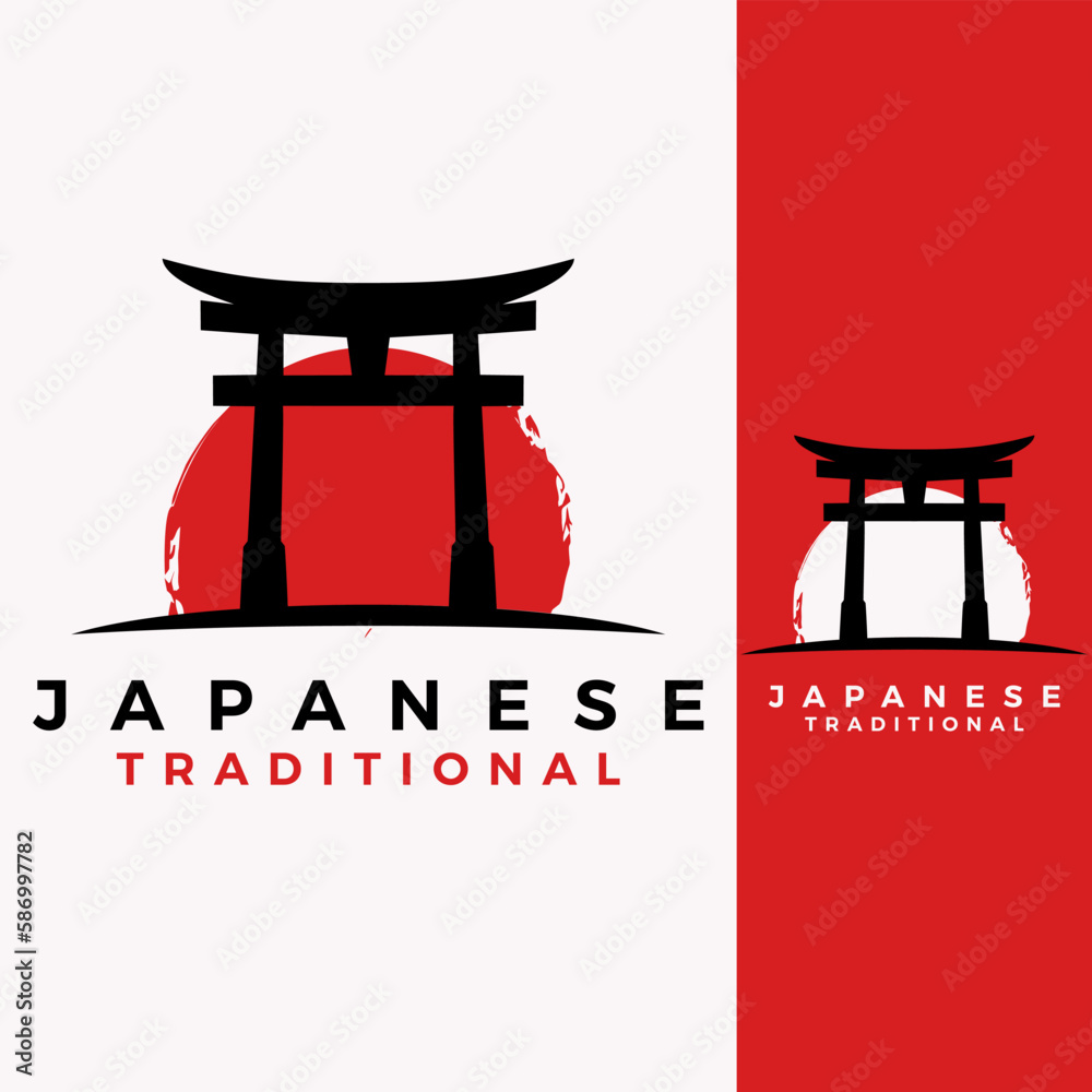 torii gate vector template. japanese culture tori building graphic illustration. - obrazy, fototapety, plakaty 