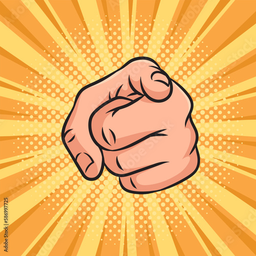 hand pointer points forward direction with index finger pinup pop art retro vector illustration. Comic book style imitation.