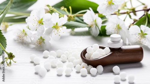 homeopathic pills with spring flowers on white background