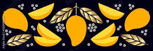 Mango, gold leaves and small flowers on black background. Border or frieze. Fresh fruit. 