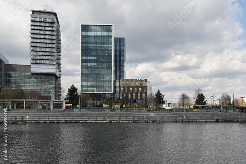 Modern buildings and landmarks in Salford Quays home to Mediacity UK. 