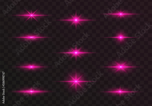 Set of glowing light stars with sparkles. Transparent shining sun, star explodes and bright flash. Pink bright illustration starburst.