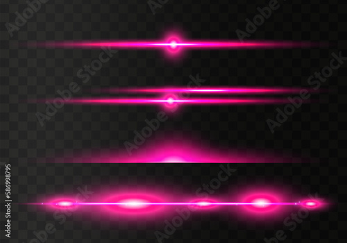 Set of pink horizontal lens flares pack. Abstract light flares, laser beams, sparkling lined, horizontal light rays. Vector illustration.