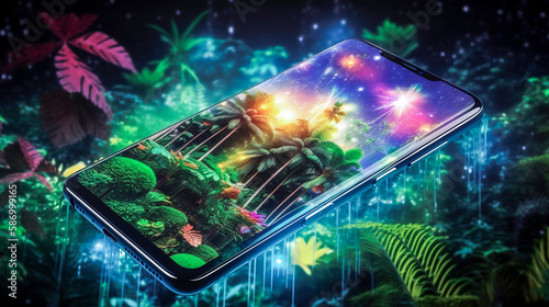 A modern mobile phone with a creative forest backdrop. Created with Generative AI.