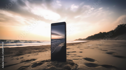 A smartphone standing in the sand at the beach. Gorgeous backdrop. Created with Generative AI.