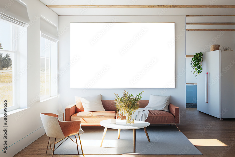 Interior poster mock up with horizontal empty frame, Scandinavian style, AI Generated Stock