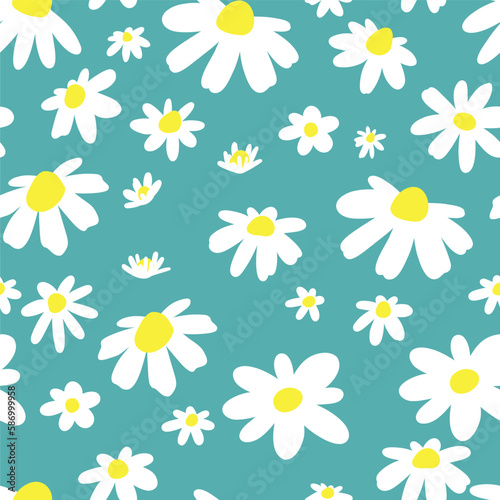 The pattern is seamless with white daisies. Background for design, for printing or textiles. Vector illustration.