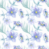 Seamless watercolor pattern. Romantic blue flowers on a white background. Seamless pattern for fabric, linen, wallpaper and any of your purposes.