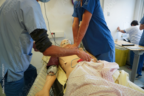 Anesthesiologist students during a critical situation resuscitation exercise at Faculty of Medicine. Students train on a Sim Man 3 G robotic dummy.