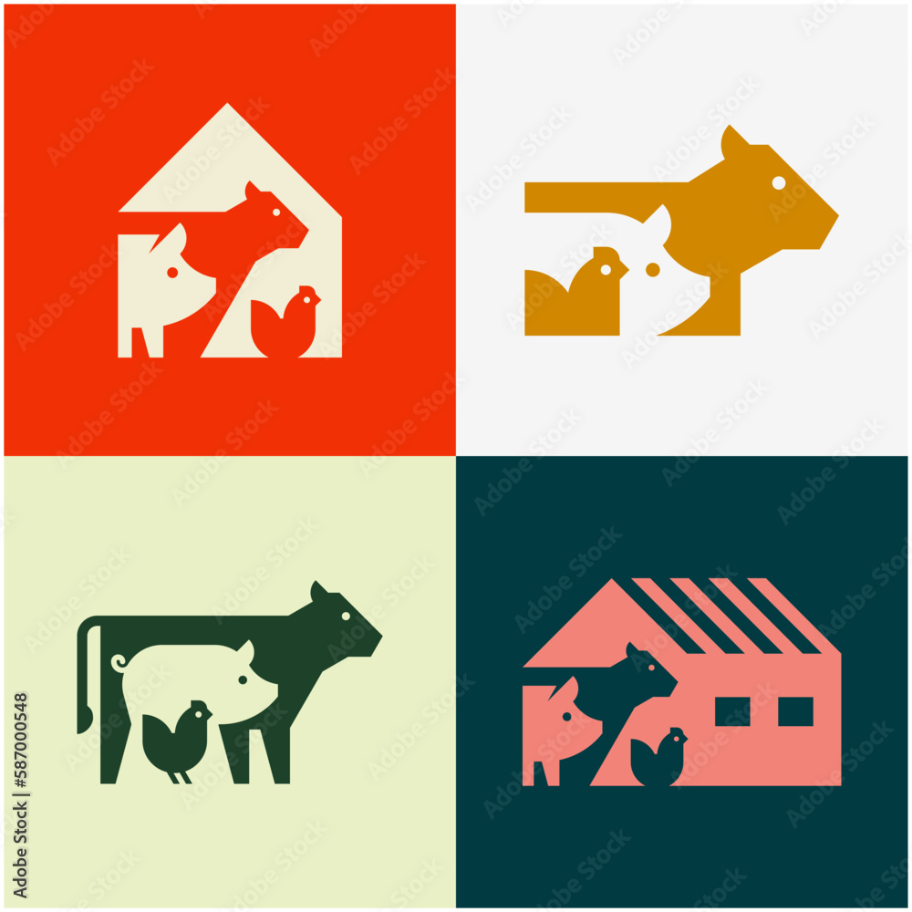 Φωτογραφία Set of Farm animals logo cow, pig and chicken
