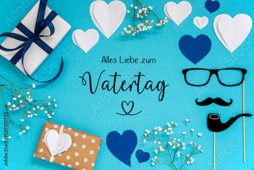 Blue Flat Lay With Accessories, Gifts, Hearts, Vatertag Means Fathers Day