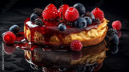 Fototapeta Naklejka Na Ścianę i Meble -  Fluffy Pancakes with Berries and Maple Syrup - A Delicious and Indulgent Breakfast or Brunch Dish