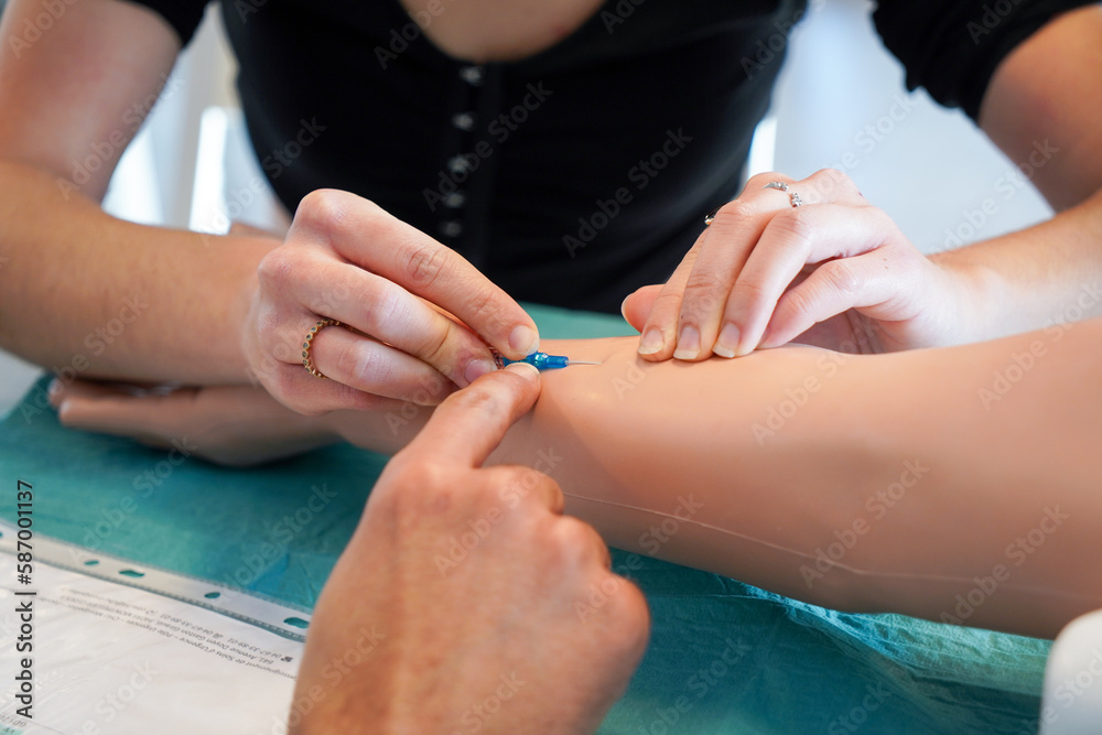 5th year medical students during an IV placement workshop. Students train on an arterial arm allowing arterial and venous puncture for blood sampling. 5th year medical students during an IV placement workshop. Students train on an arterial arm allowing arterial and venous puncture for blood sampling.