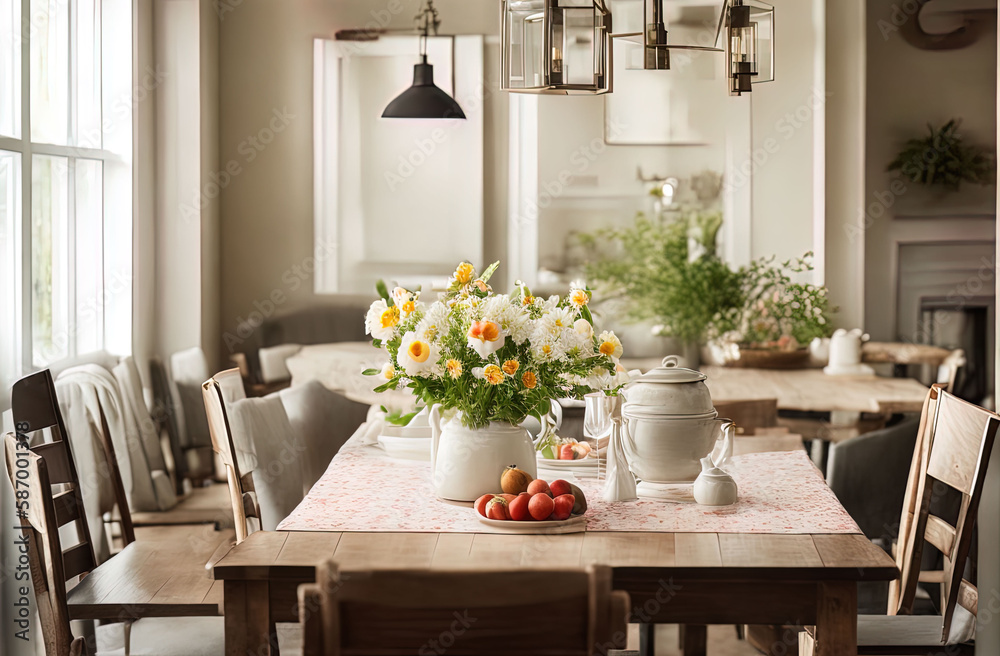 Fototapeta premium a dining room table with flowers and a vase