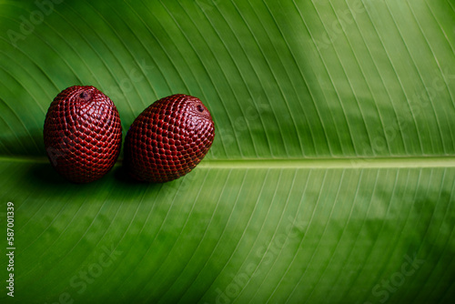 red aguaje fruits on green bijao leaf photo