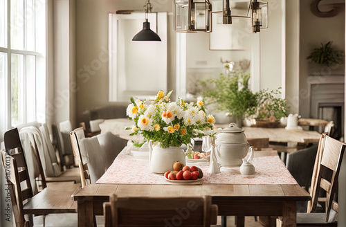 a dining room table with flowers and a vase