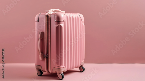 modern pink suitcase on wheels close-up on pink background travel concept copy space generative AI