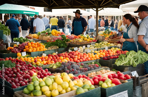 people shopping at an outdoor market with fresh produce