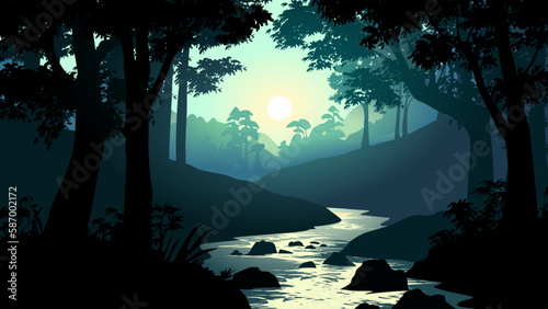 Foggy morning in beautiful forest. River in jungle. Sunrise landscape in woodland
