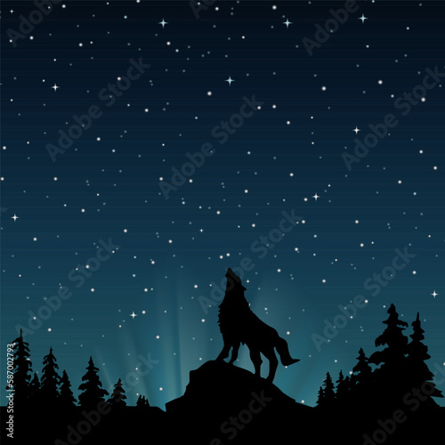 the night sky with a wolf howling at the moon, starry night background