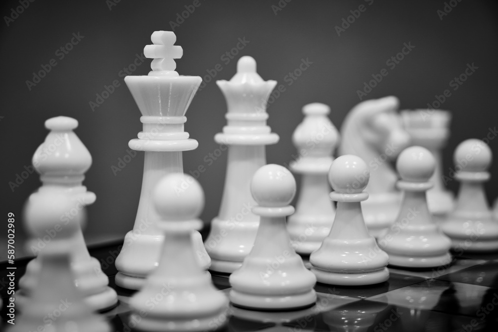 White chess pieces chessboard with gray background. White chess pieces chessboard with gray background.