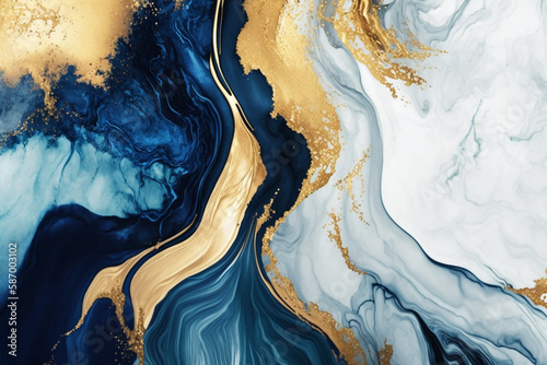 Gold and Blue Marbling Abstract Background generative ai