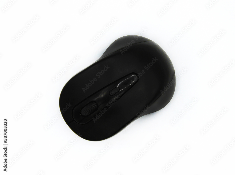 Top view of black wireless or Bluetooth computer mouse isolated on white background with clipping path. Flat lay of input Device or Electronic tool for using with computer or laptop and Technology. Top view of black wireless or Bluetooth computer mouse isolated on white background with clipping path. Flat lay of input Device or Electronic tool for using with computer or laptop and Technology.