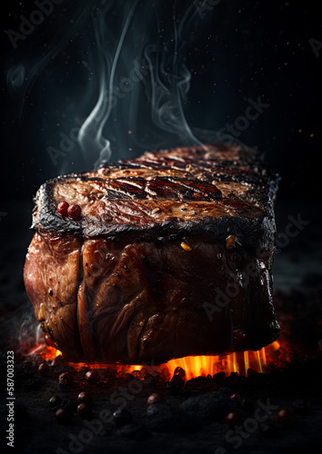 Beef tenderloin steak grilled on flaming bbq. Generative Ai