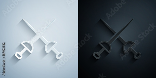 Paper cut Fencing icon isolated on grey and black background. Sport equipment. Paper art style. Vector