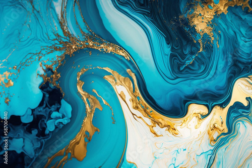 Gold and Blue Watercolor Marbling Abstract Background generative ai