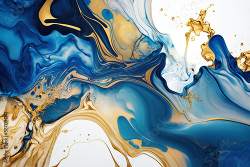 Gold and Blue Watercolor Marbling Abstract Background generative ai