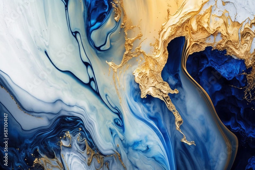 Gold and Blue Watercolor Marbling Abstract Background generative ai