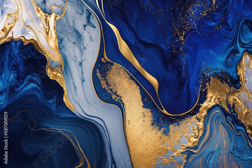 Gold and Blue Watercolor Marbling Abstract Background generative ai