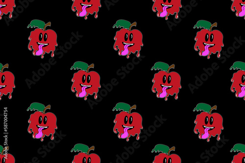 Seamless pattern with psychedelic red apples. Crazy wallpaper and bed linen print. Cartoon fruits with flowing texture background. 