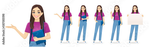 Young woman in different poses with backpack and book set. Various student gestures - standing, pointing, showing, holding empty blank board isolated vector illustration