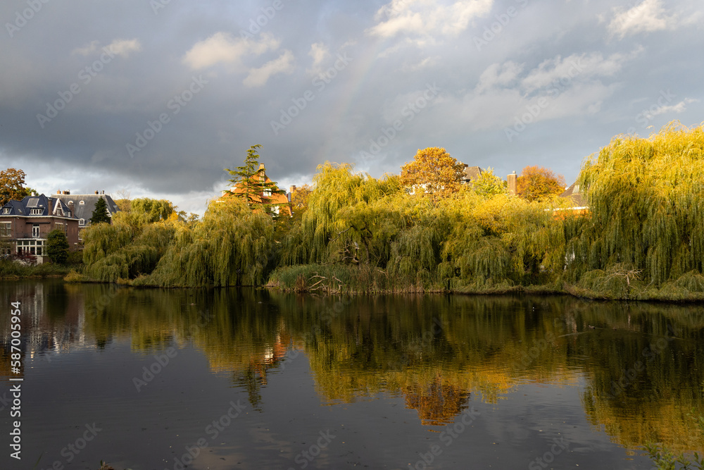 Fototapeta premium Beautiful Pond at Vondelpark with Colorful Trees and Reflections during Autumn in Amsterdam South