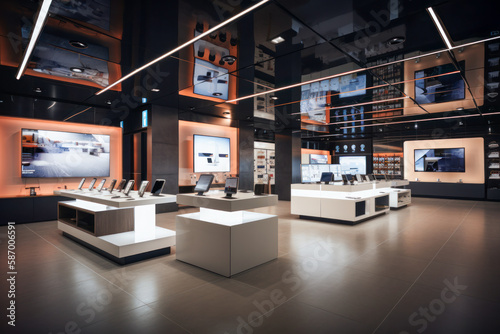 Modern Contemporary Interior of a Consumer Electronics Store with a Sleek Design and a Futuristic Vibe. Generative AI photo