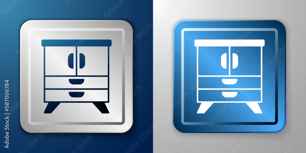 White Chest of drawers icon isolated on blue and grey background. Silver and blue square button. Vector White Chest of drawers icon isolated on blue and grey background. Silver and blue square button. Vector